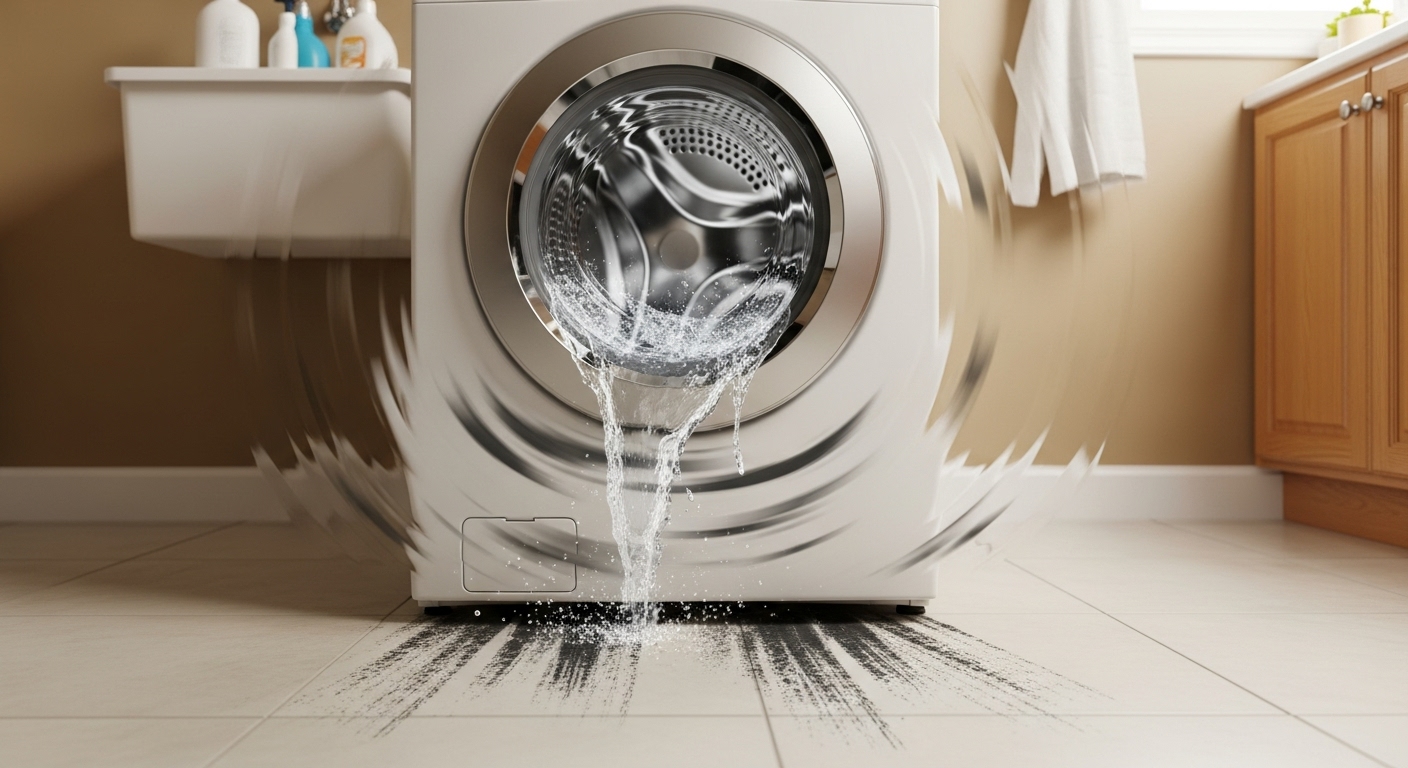A white washing machine shown vibrating and moving across a laundry room floor during its spin cycle.