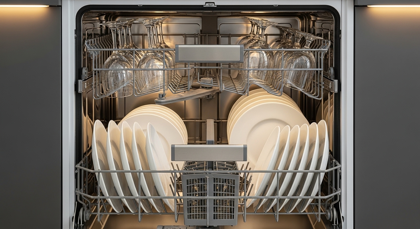Clean Dishwasher with Festive Plates and Glassware