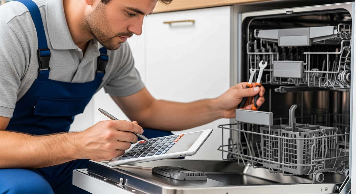 Appliance repair technician calculating repair vs replacement costs