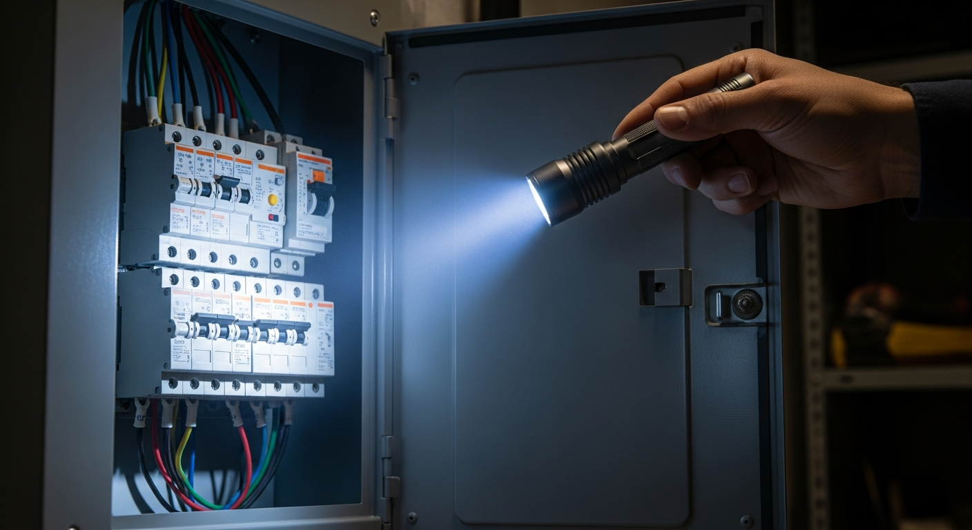 Checking electrical panel with a flashlight for safety