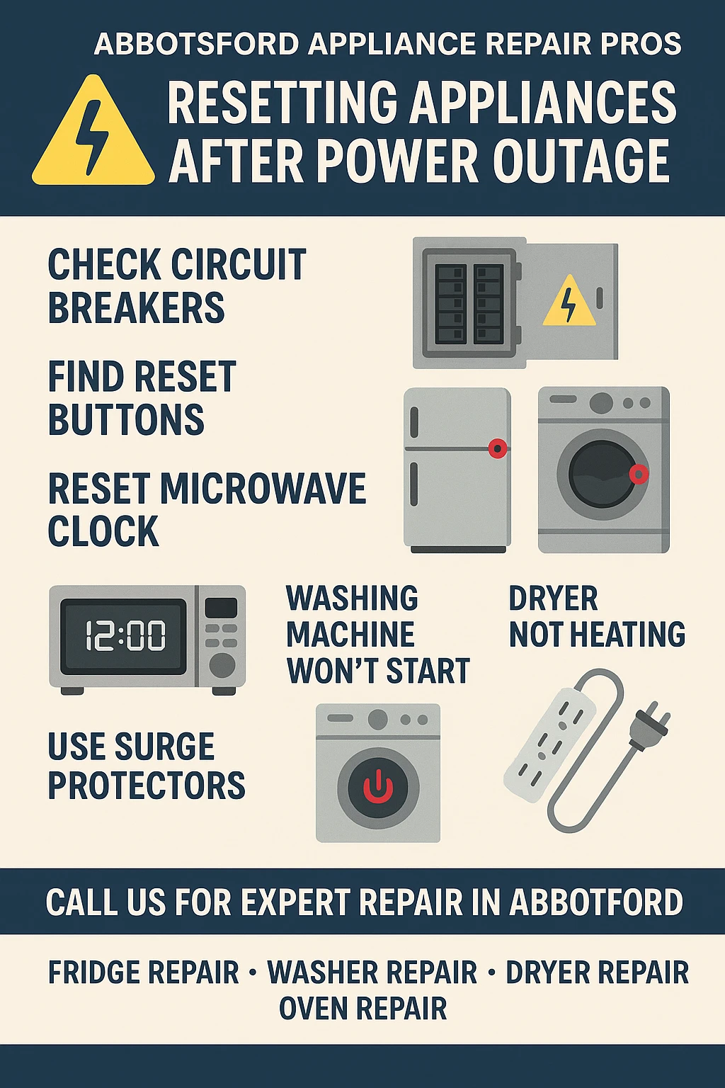 Guide to safe appliance reset after power outage infographic