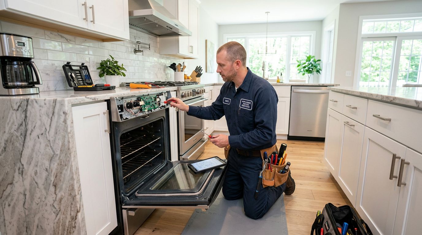 appliance repair technician fixing modern oven
