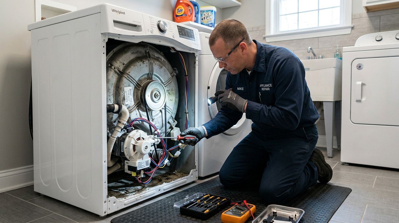 Appliance technician repairing washing machine drain pump