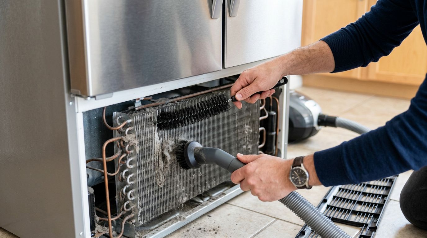 Cleaning refrigerator coils with vacuum brush tutorial