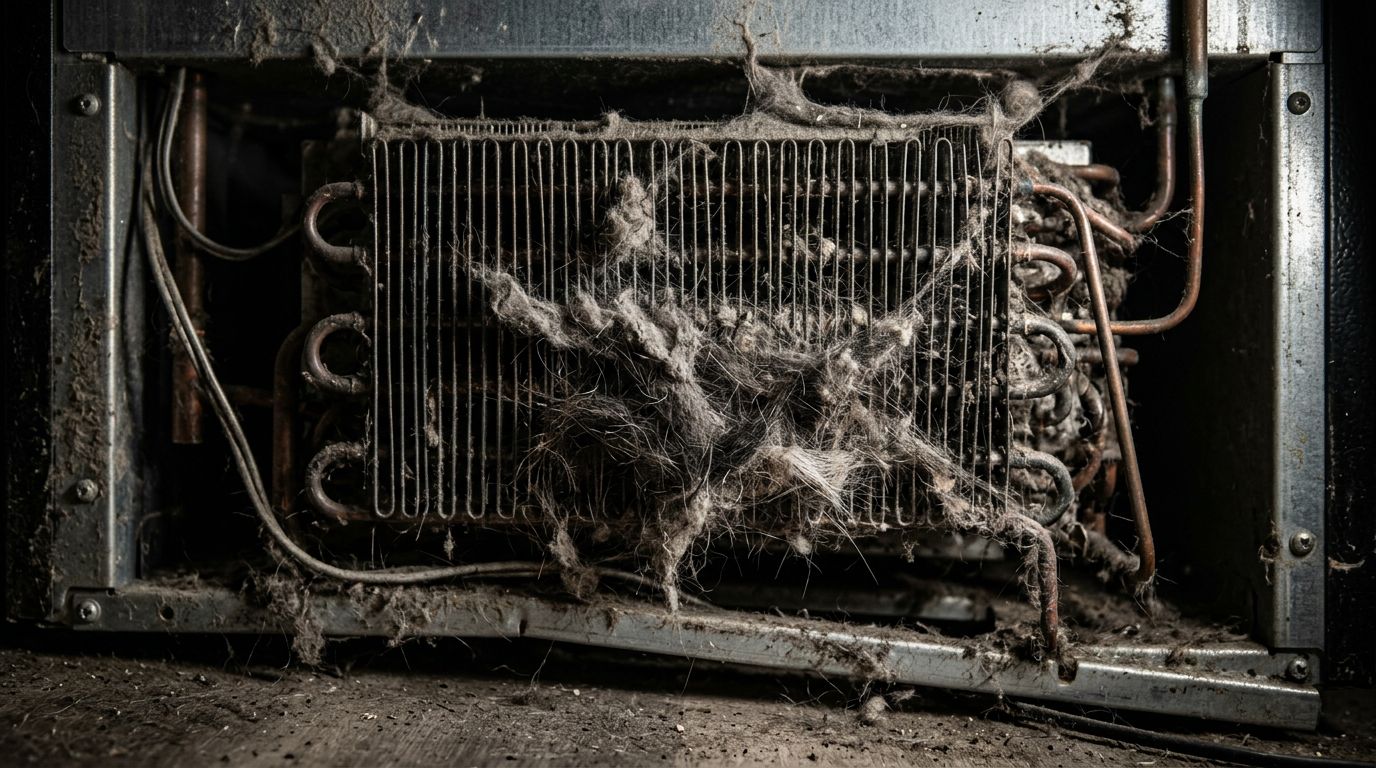 Dirty refrigerator condenser coils with dust buildup