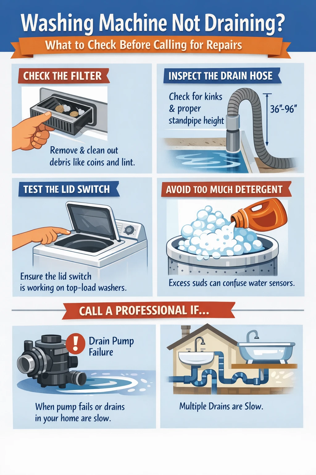 Washing machine not draining key takeaways infographic