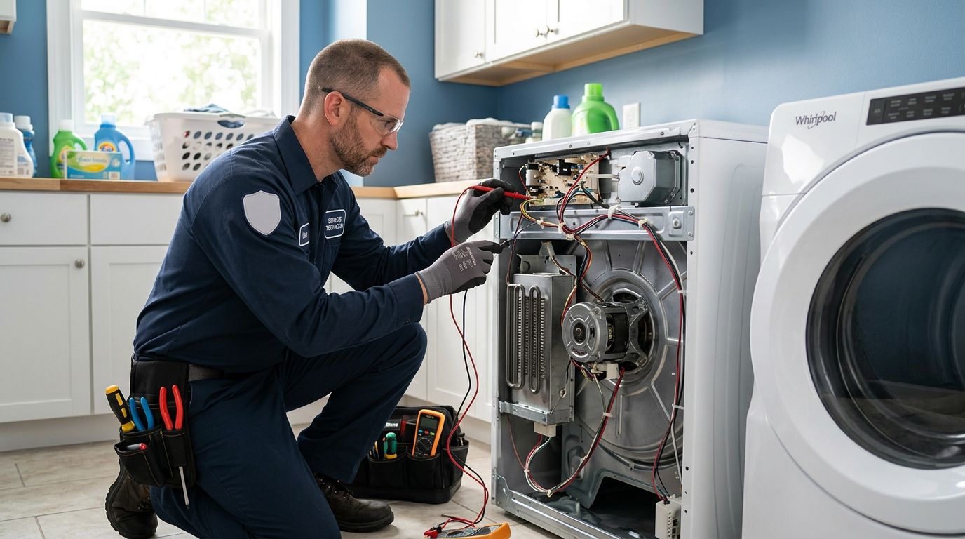 Abbotsford dryer repair expert inspecting laundry unit