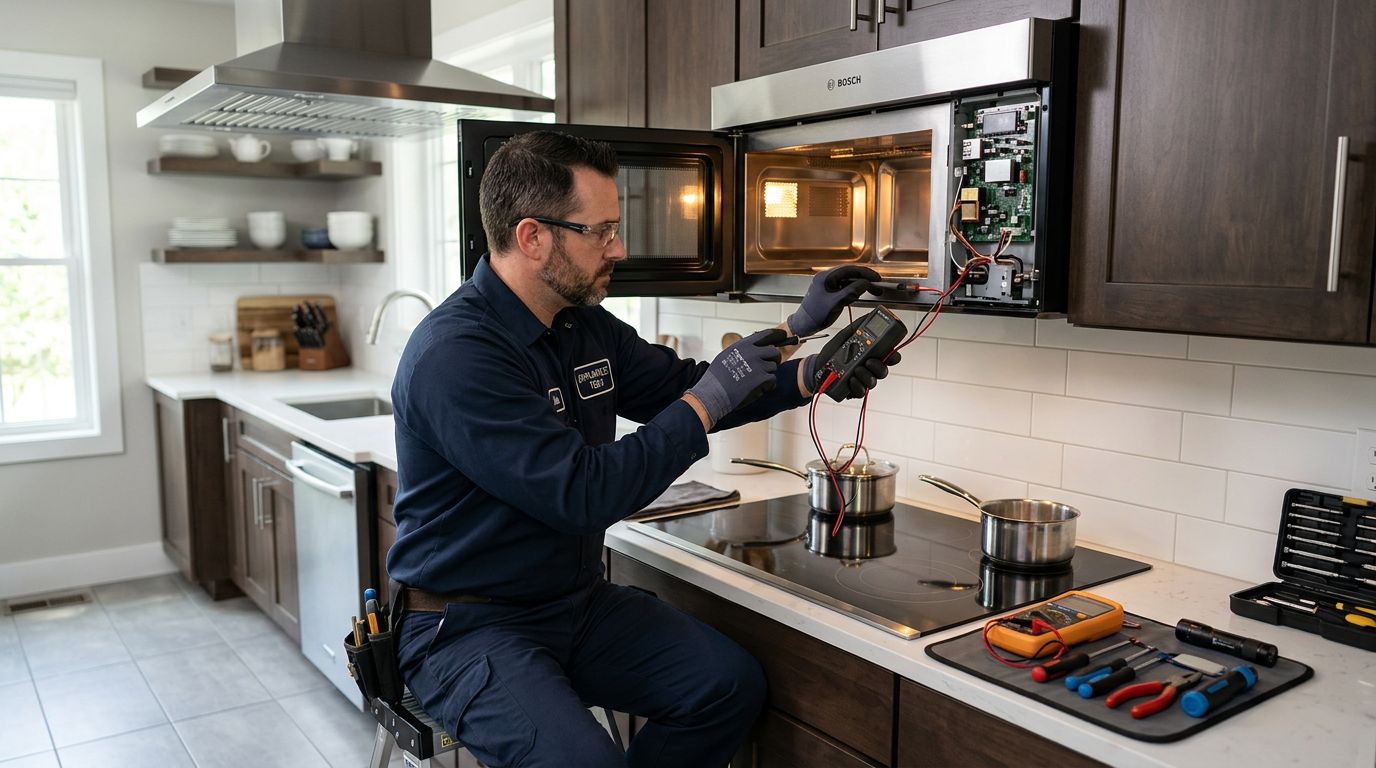 Appliance repair technician fixing built-in microwave