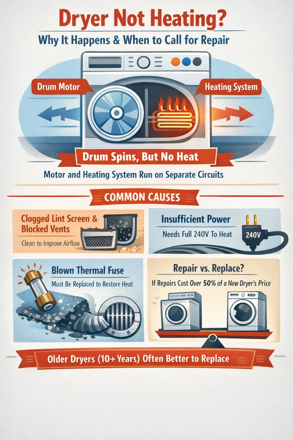 Dryer not heating key takeaways infographic